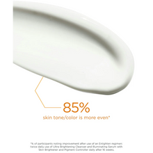 Load image into Gallery viewer, A smooth white cream swatch of Neostrata Enlighten Skin Brightener with a graphic noting an 85% improvement in even skin tone.
