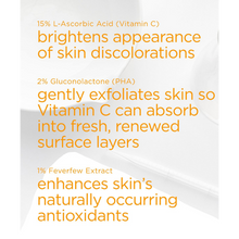 Load image into Gallery viewer, Infographic with lab equipment explaining that NeoStrata serum uses 15% Vitamin C to brighten, 2% PHA to exfoliate for better absorption, and 1% Feverfew Extract to boost antioxidants.
