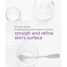 Load image into Gallery viewer, An infographic featuring laboratory glassware and text explaining how Glycolic Acid and Alumina Crystals smooth and refine the skin.
