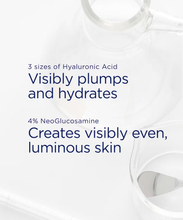 Load image into Gallery viewer, Ingredient efficacy graphic for NeoStrata Firming product: Features 3 sizes of Hyaluronic Acid for visible plumping and hydration, and 4% NeoGlucosamine to create visibly even, luminous skin.
