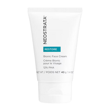 Load image into Gallery viewer, A 40 g white squeeze tube of NeoStrata Bionic Face Cream from the Restore line. The label features a teal "RESTORE" tag and identifies the product as "Bionic Face Cream" and "Crème Bionic pour le Visage," containing 12% PHA.
