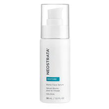 Load image into Gallery viewer, A 30 mL white pump bottle of NeoStrata Bionic Face Serum from the Restore line. The packaging features a teal "RESTORE" label and bilingual text identifying the product as "Bionic Face Serum" and "Sérum Bionic pour le Visage," containing 10% PHA.
