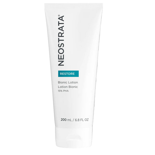 NEOSTRATA RESTORE Bionic Lotion tube (200 mL), showing the name and key ingredient 15% PHA, a soothing moisturizer for face and body.
