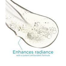 Load image into Gallery viewer, A close-up texture swatch of clear, viscous NeoStrata Bionic Face Serum with small air bubbles. Teal text overlay states the product "Enhances radiance with a potent antioxidant formula."
