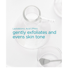 Load image into Gallery viewer, A laboratory-themed image with glass beakers and a metal spatula on a white surface. Teal text overlay explains that "Lactobionic Acid (PHA) gently exfoliates and evens skin tone."
