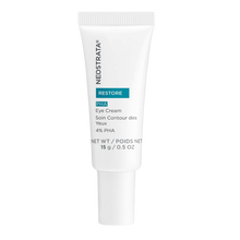 Load image into Gallery viewer, A white 15 g tube of NeoStrata Restore PHA Eye Cream. The packaging features the "RESTORE" and "PHA" labels in teal boxes, noting the formula contains 4% PHA and is designed as a treatment for the eye contour area.
