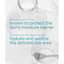 Load image into Gallery viewer, A top-down laboratory-themed image featuring glass beakers and a metal spatula on a white background. Teal text overlay explains that Polyhydroxy Acid (PHA) is known to protect the skin’s moisture barrier, while nourishing oils and Hyaluronic Acid hydrate and soothe the delicate eye area.
