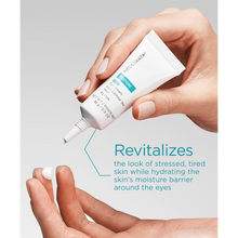 Load image into Gallery viewer, A close-up lifestyle image of hands applying NeoStrata Restore PHA Eye Cream. One hand holds the white 15 g tube while a small dollop of white cream rests on a fingertip. Teal text describes how the formula revitalizes the look of stressed, tired skin while hydrating the moisture barrier around the eyes.
