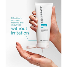 Load image into Gallery viewer, A lifestyle image showing a person holding the NeoStrata Restore PHA Facial Cleanser tube and dispensing clear gel into their open palm. Teal text states that it "Effectively removes makeup and impurities without irritation."
