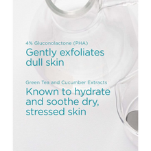 Load image into Gallery viewer, A skincare infographic with a laboratory theme featuring glass beakers on a white background. Teal text highlights key ingredients: 4% Gluconolactone (PHA) gently exfoliates dull skin, while Green Tea and Cucumber Extracts are known to hydrate and soothe dry, stressed skin.
