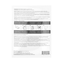 Load image into Gallery viewer, The back of the NeoStrata Restore Pure Hyaluronic Acid Biocellulose Mask packaging, featuring detailed product information in English and French. It includes sections for indications, mode of action, and results, along with a five-step illustrated guide for application, a full ingredients list, and caution labels.
