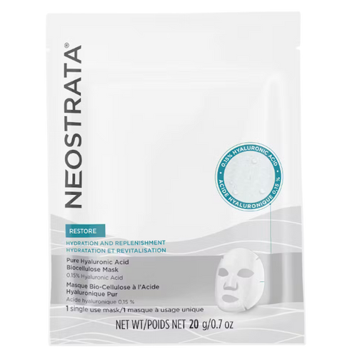 NeoStrata Restore Pure Hyaluronic Acid Biocellulose Mask (single-use, 20g). This sheet mask with 0.15% Hyaluronic Acid provides intense hydration and replenishment to leave the skin feeling plump and revitalized.