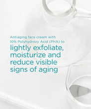 Load image into Gallery viewer, A laboratory-inspired image featuring a clear glass flask and beaker. Teal text overlay describes the product as an "Antiaging face cream with 10% Polyhydroxy Acid (PHA) to lightly exfoliate, moisturize and reduce visible signs of aging."
