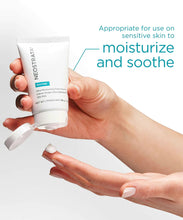 Load image into Gallery viewer, A lifestyle shot of a person holding a white tube of NeoStrata Restore Ultra Moisturizing Face Cream while dispensing a small amount onto their fingertip. Teal text to the right indicates the product is "Appropriate for use on sensitive skin to moisturize and soothe."
