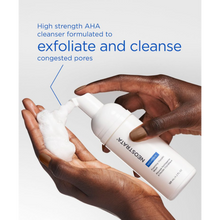 Load image into Gallery viewer, A person dispensing the thick foam of NeoStrata Resurface Foaming Glycolic Wash into their hand, with text highlighting its ability to exfoliate and cleanse congested pores.
