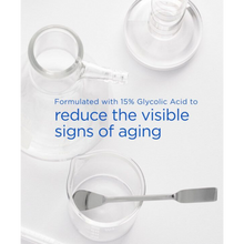 Load image into Gallery viewer, A laboratory-themed image with clear glass flasks and a metal spatula. Blue text overlay states the product is "Formulated with 15% Glycolic Acid to reduce the visible signs of aging."
