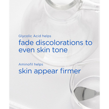 Load image into Gallery viewer, Infographic showcasing laboratory glassware with text explaining how Glycolic Acid and Aminofil work to even skin tone and firm the skin.
