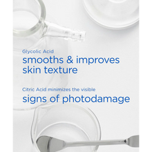 Load image into Gallery viewer, A laboratory-themed image featuring glass beakers and a metal spatula. Blue text overlay explains that "Glycolic Acid smooths &amp; improves skin texture" and "Citric Acid minimizes the visible signs of photodamage."
