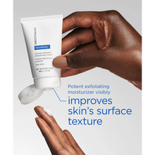 Load image into Gallery viewer, A lifestyle image showing a person dispensing a small amount of white cream from the NeoStrata Glycolic Renewal Smoothing Cream tube onto their fingertip. Blue text highlights that this "Potent exfoliating moisturizer visibly improves skin’s surface texture."
