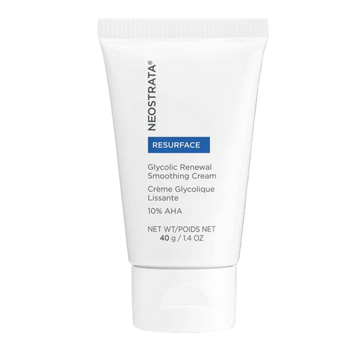 Neostrata RESURFACE Glycolic Renewal Smoothing Cream tube, clearly showing the 10% AHA concentration for exfoliation and skin renewal.