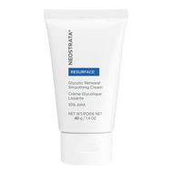 A 40 g white tube of NeoStrata Glycolic Renewal Smoothing Cream from the Resurface line. The label indicates it contains 10% AHA and provides bilingual product names: 