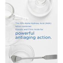 Load image into Gallery viewer, A top-down laboratory-themed image featuring glass beakers and a metal spatula on a white surface. Blue text centered in the image states that this 10% Alpha Hydroxy Acid (AHA) lotion combines Glycolic and Citric Acids for powerful antiaging action.
