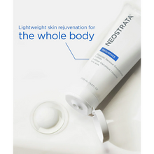 Load image into Gallery viewer, A 200 ml tube of NeoStrata Resurface Glycolic Renewal Smoothing Lotion shown with a dollop of white cream on a clear circular dish. Blue text above the tube highlights "Lightweight skin rejuvenation for the whole body," emphasizing its 10% AHA formula.
