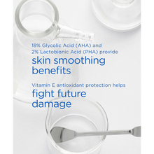 Load image into Gallery viewer, Infographic with lab glassware and text explaining that NeoStrata High Potency Cream uses 18% Glycolic Acid and 2% Lactobionic Acid for smoothing and Vitamin E for antioxidant protection.
