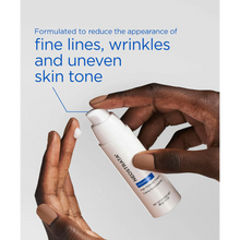 Load image into Gallery viewer, Infographic with lab equipment explaining that NeoStrata High Potency Cream uses 18% Glycolic Acid to exfoliate, 2% Lactobionic Acid to hydrate, and Vitamin E for environmental protection.
