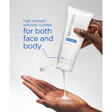 Load image into Gallery viewer, A lifestyle image of a person dispensing white NeoStrata Lotion Plus from the tube into their palm. Blue text to the left states it is a "High strength exfoliant suitable for both face and body."
