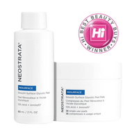 NeoStrata Smooth Surface Glycolic Peel kit containing daily peel pads and a high-strength 10% AHA and Aminofil exfoliating solution.