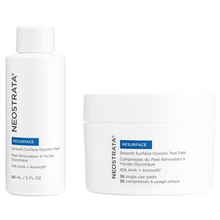 Load image into Gallery viewer, NeoStrata Resurface Smooth Surface Glycolic Peel Pads and Solution with 10% AHA + Aminofil. A two-step system providing an at-home peel treatment for renewed skin texture, clarity, and reduced fine lines.
