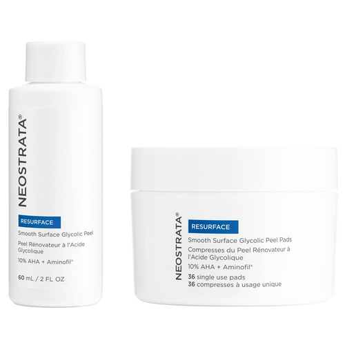 NeoStrata Resurface Smooth Surface Glycolic Peel Pads and Solution with 10% AHA + Aminofil. A two-step system providing an at-home peel treatment for renewed skin texture, clarity, and reduced fine lines.