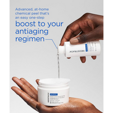 Load image into Gallery viewer, A person pouring NeoStrata Smooth Surface Glycolic Peel solution into a jar of dry pads to activate the at-home chemical peel treatment.

