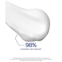Load image into Gallery viewer, A close-up texture swatch of thick, white NeoStrata Exfoliating Wash foam. Dark blue text overlay indicates that 98% of participants noted smoother skin texture after 16 weeks of using the full Skin Active regimen twice daily.
