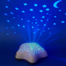Load image into Gallery viewer, Pabobo Musical Star Projector casting a bright blue starry night projection, creating a calming and enchanting ambiance in a baby's room.
