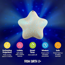 Load image into Gallery viewer, Pabobo Musical Star Projector Features: Soothing projection with changing colors, musical lullaby (2 volumes), wireless and mobile design, and auto shutdown timer.
