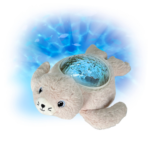 Soft plush Pabobo Seal Aqua Dream baby night light featuring a glowing water effect and calming sounds for bedtime relaxation.