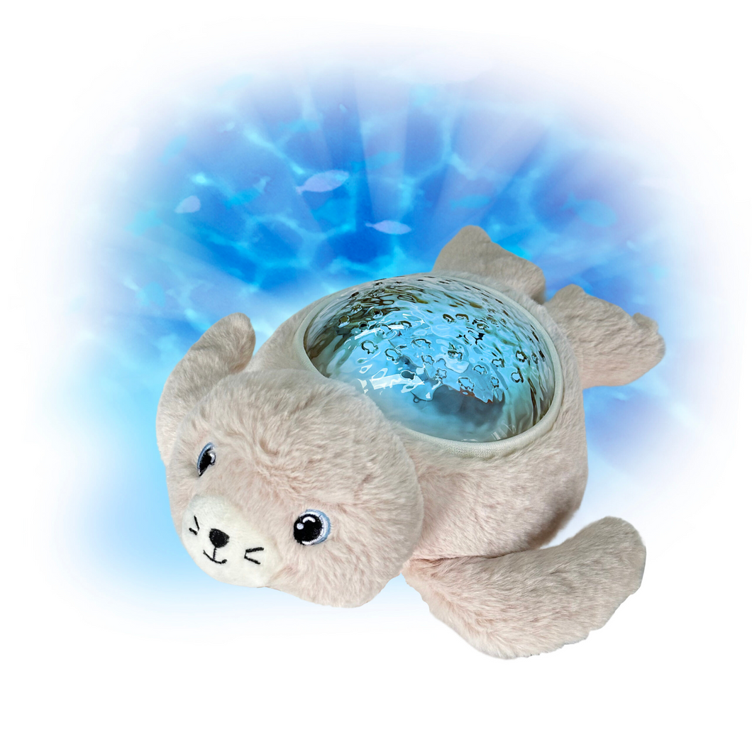 Soft plush Pabobo Seal Aqua Dream baby night light featuring a glowing water effect and calming sounds for bedtime relaxation.