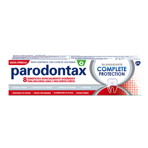 Parodontax Complete Protection Whitening 75ml toothpaste with 8 benefits for healthy, clean, white teeth.