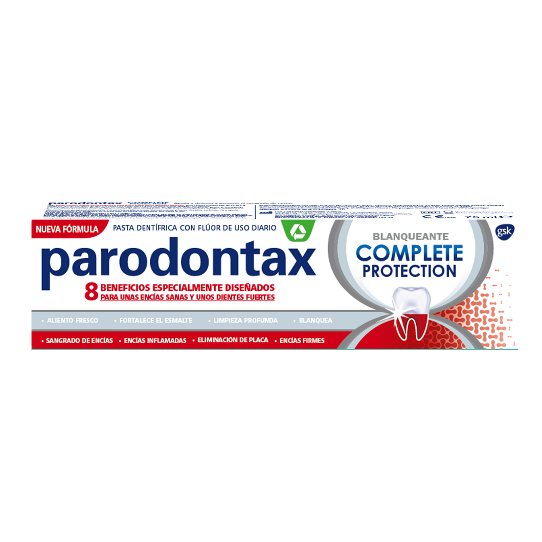 Parodontax Complete Protection Whitening 75ml toothpaste with 8 benefits for healthy, clean, white teeth.