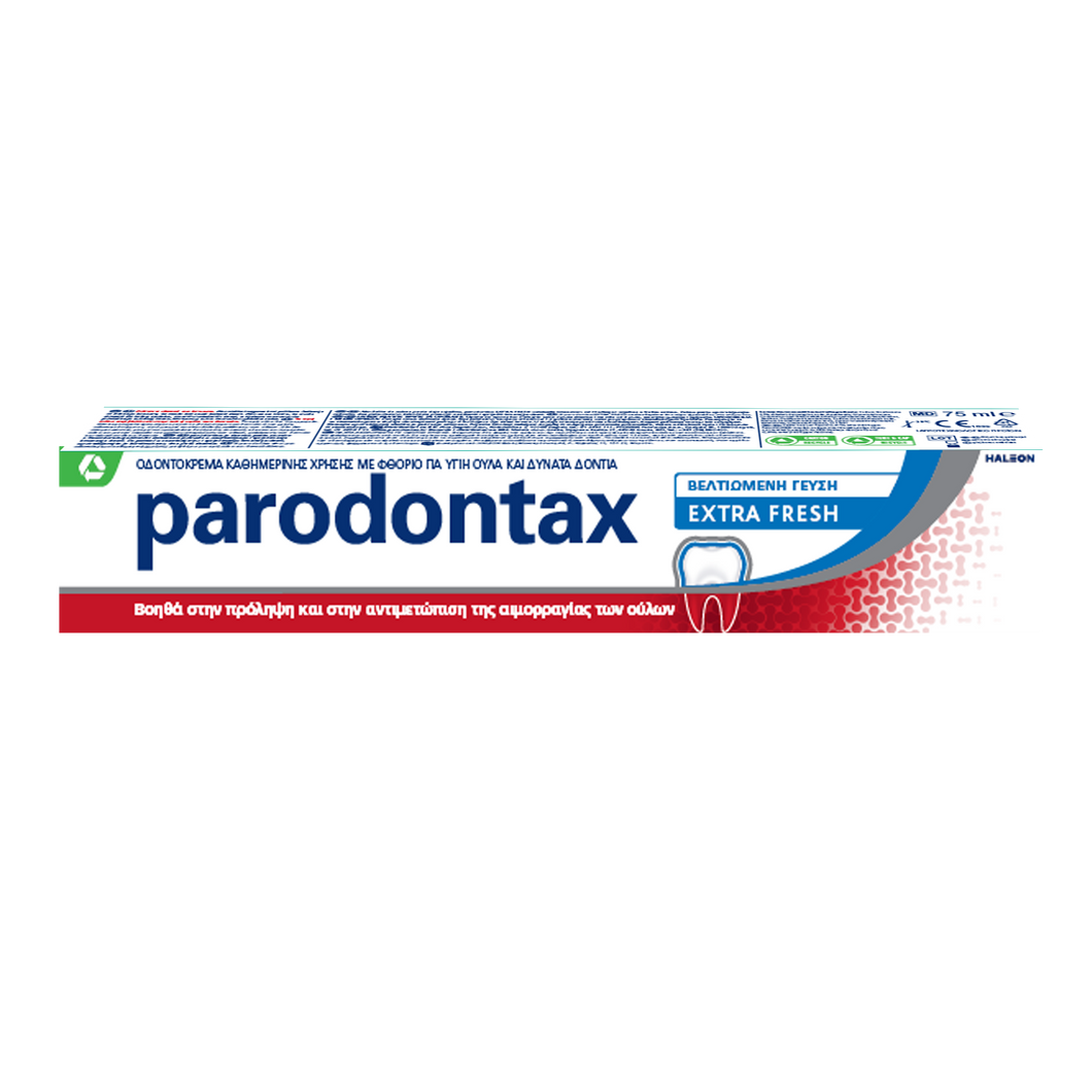 Parodontax Extra Fresh 75ml toothpaste for plaque removal, healthy gums, fresh breath, and strong teeth.