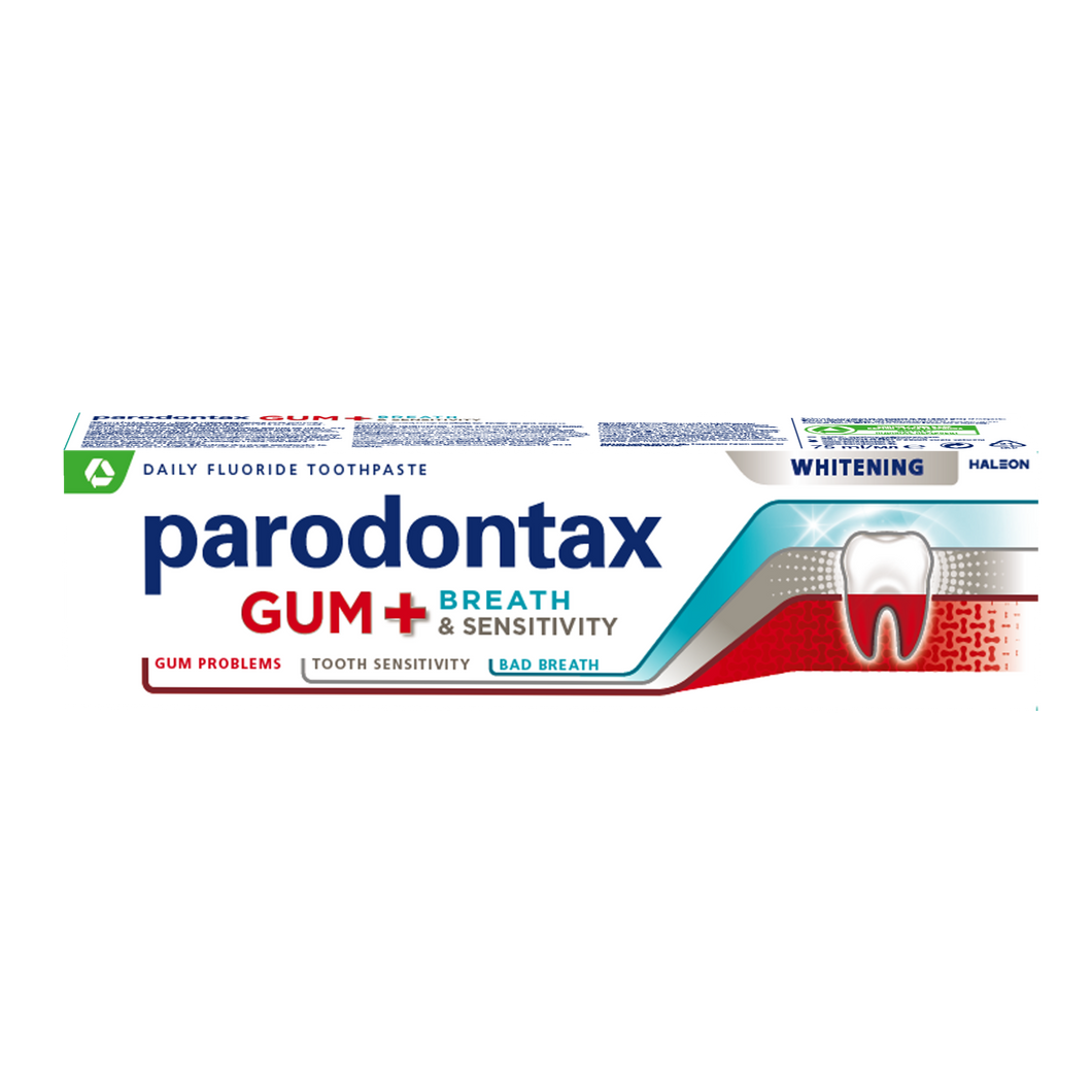 Parodontax Gum + Sensitive & Breath Whitening 75ml toothpaste for gum health, cavity prevention, and whitening.