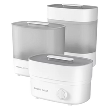 Load image into Gallery viewer, Philips Avent Advanced Electric Steam Steriliser shown in three modular configurations for bottles and feeding accessories

