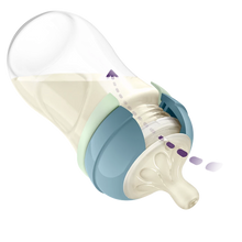 Load image into Gallery viewer, A cross-section diagram of a Philips Avent baby bottle with a blue screw ring and green glow-ring. A purple dashed arrow shows the anti-colic valve venting air away from the nipple and into the bottle's base.

