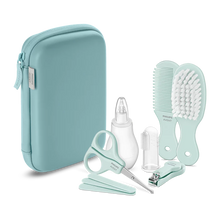 Load image into Gallery viewer, Philips Avent baby healthcare and grooming set featuring soft hairbrush, rounded comb, nasal aspirator, manicure tools, finger toothbrush, and blue zippered case, available with free delivery across Malta &amp; Gozo.

