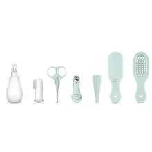 Load image into Gallery viewer, Flat lay display of Philips Avent baby care accessories including nasal aspirator, finger toothbrush, scissors, nail clippers, emery boards, comb, and soft hairbrush, available with free delivery across Malta &amp; Gozo.
