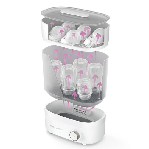 Steam and air flow shown inside Philips Avent sterilizer drying baby bottles and teats for newborn care.