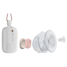 Load image into Gallery viewer, Exploded view showing the individual components of the Philips Avent hands-free breast pump, including motor, diaphragm, cup body, cushion, and insert.
