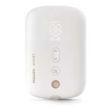 Load image into Gallery viewer, Front view of the white Philips Avent electric breast pump motor unit featuring power, mode, and suction adjustment buttons with a digital LED display.
